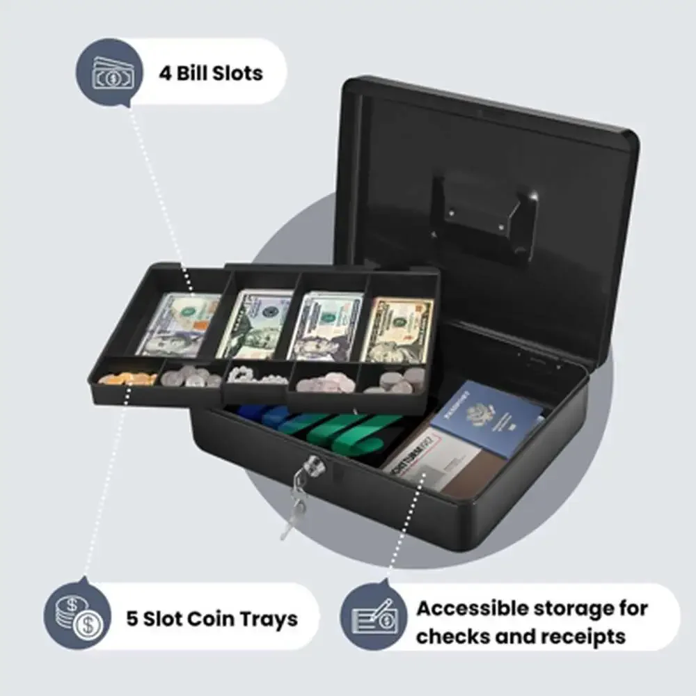 Cash Box with Lock and Money Tray, 9-Compartment Small Business Coin Cash